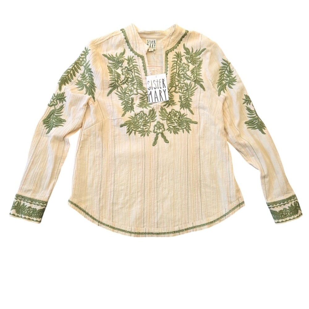 Sister Mary Lizette Embroidered Blouse Ivory Green Cotton Top Floral  XS NWT